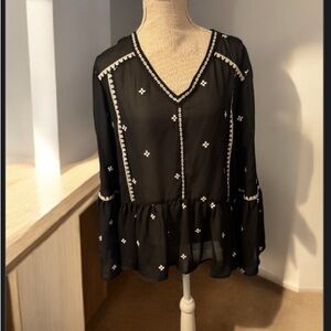 Time and Tru Black and White Embellished Ruffled Blouse